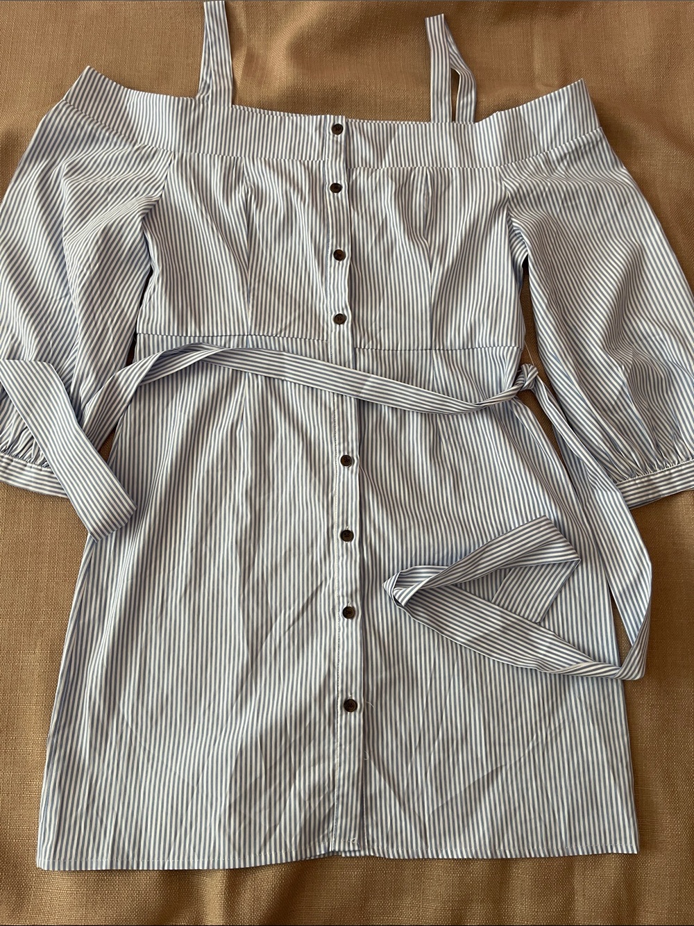 Fashion Nova Blue & White Striped Off-Shoulder Button Dress